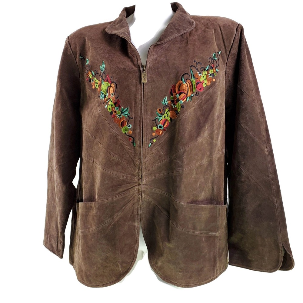 Bob Mackie Wearable Art Fall Harvest Embroidery 2X Brown Leather Jacket - Picture 2 of 7